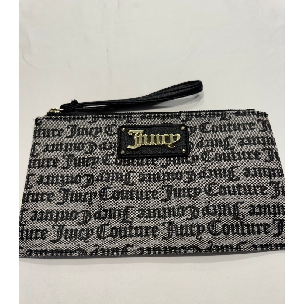 Juicy Couture Wristlet Gothic Monogram Logo Pouch Gold Hardware OS Black Good